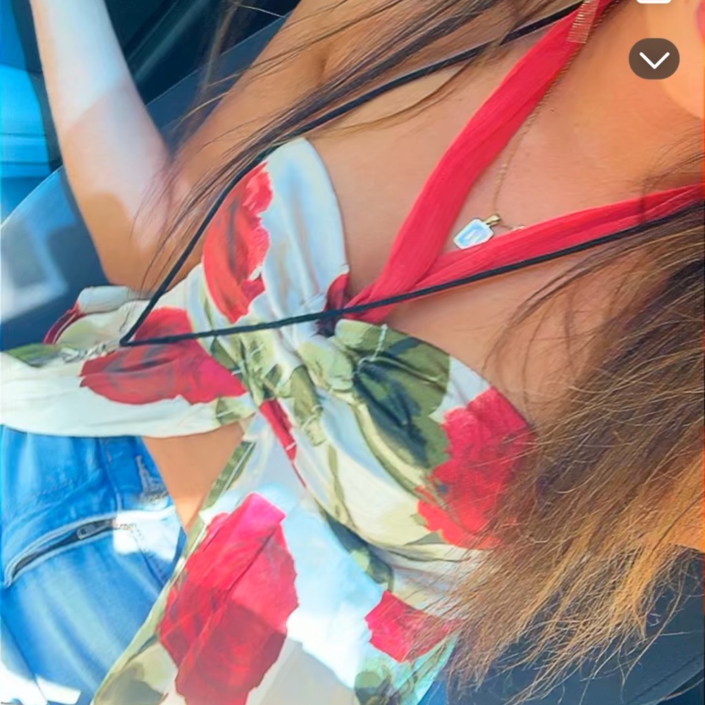 UO Top Satin Bandeau Floral Red Roses with Scarf
